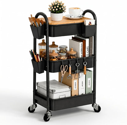 3 Tier White Metal Heavy Duty Rolling Cart with Wheels and Wooden Table Top