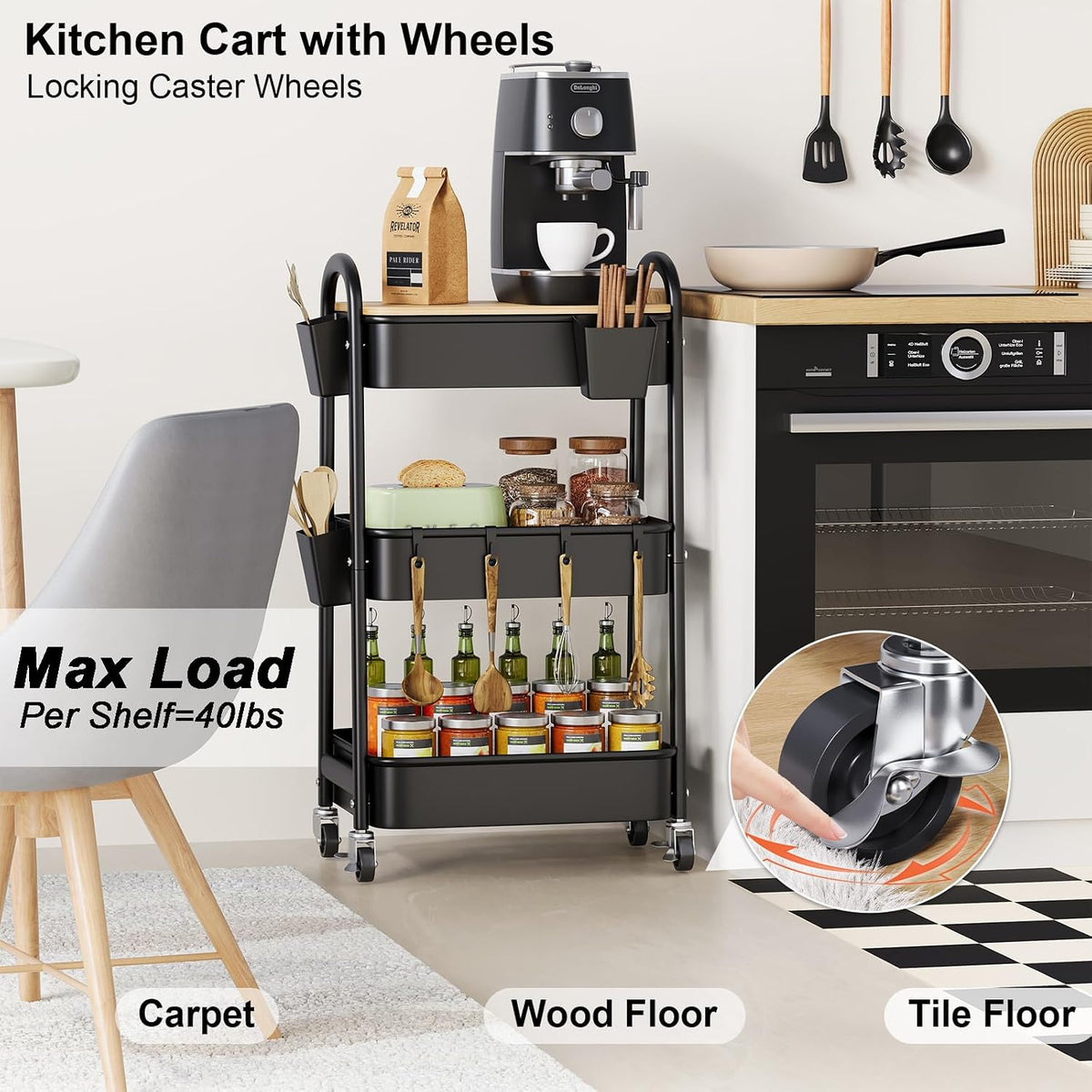 3 Tier White Metal Heavy Duty Rolling Cart with Wheels and Wooden Table Top
