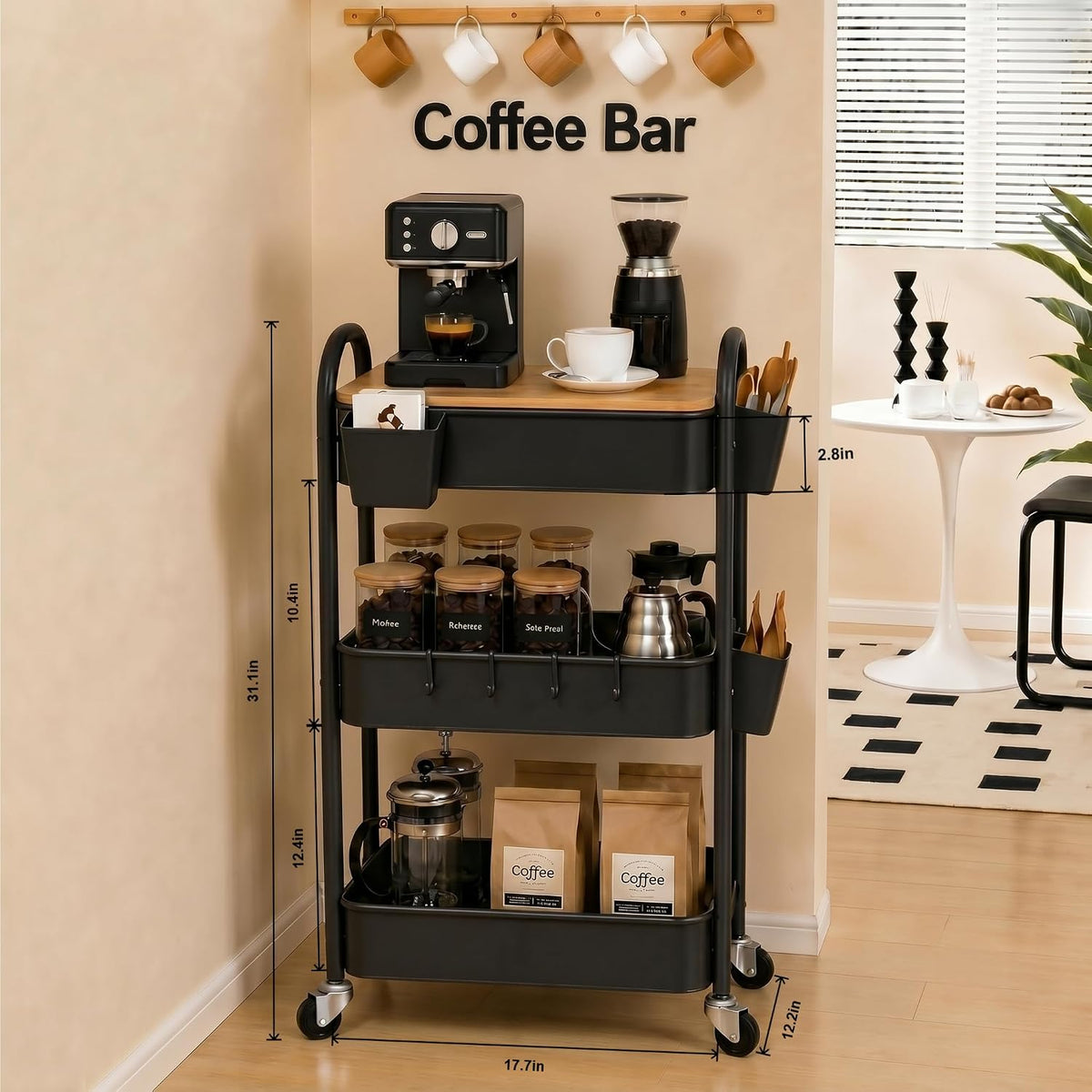 3 Tier White Metal Heavy Duty Rolling Cart with Wheels and Wooden Table Top