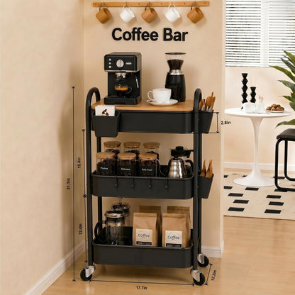 3 Tier White Metal Heavy Duty Rolling Cart with Wheels and Wooden Table Top