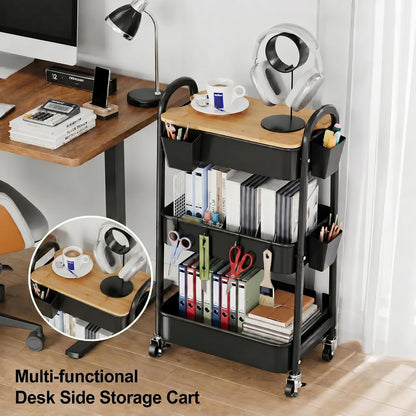 3 Tier White Metal Heavy Duty Rolling Cart with Wheels and Wooden Table Top