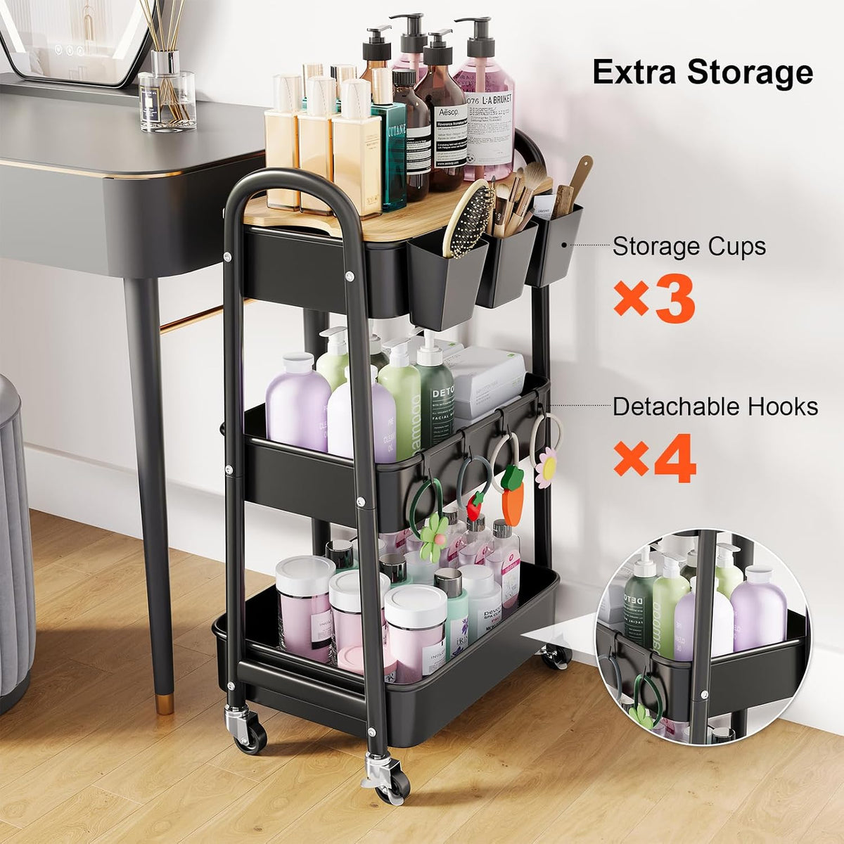 3 Tier White Metal Heavy Duty Rolling Cart with Wheels and Wooden Table Top