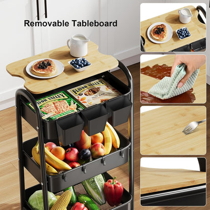 3 Tier White Metal Heavy Duty Rolling Cart with Wheels and Wooden Table Top