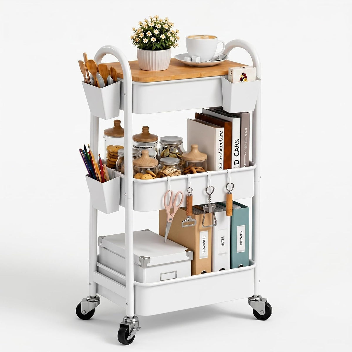 3 Tier White Metal Heavy Duty Rolling Cart with Wheels and Wooden Table Top