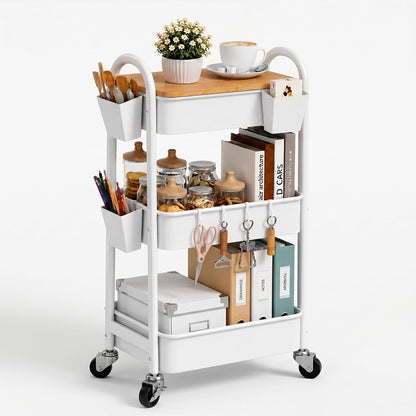3 Tier White Metal Heavy Duty Rolling Cart with Wheels and Wooden Table Top