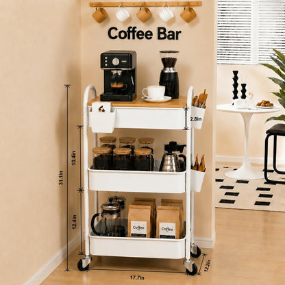 3 Tier White Metal Heavy Duty Rolling Cart with Wheels and Wooden Table Top