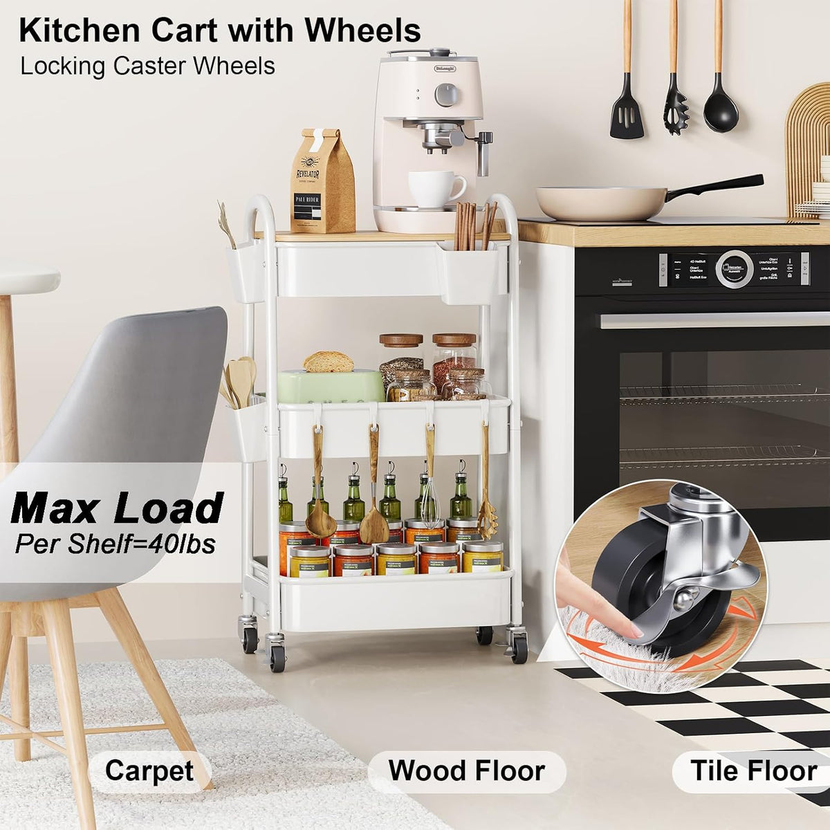 3 Tier White Metal Heavy Duty Rolling Cart with Wheels and Wooden Table Top