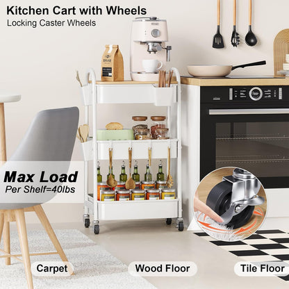 3 Tier White Metal Heavy Duty Rolling Cart with Wheels and Wooden Table Top