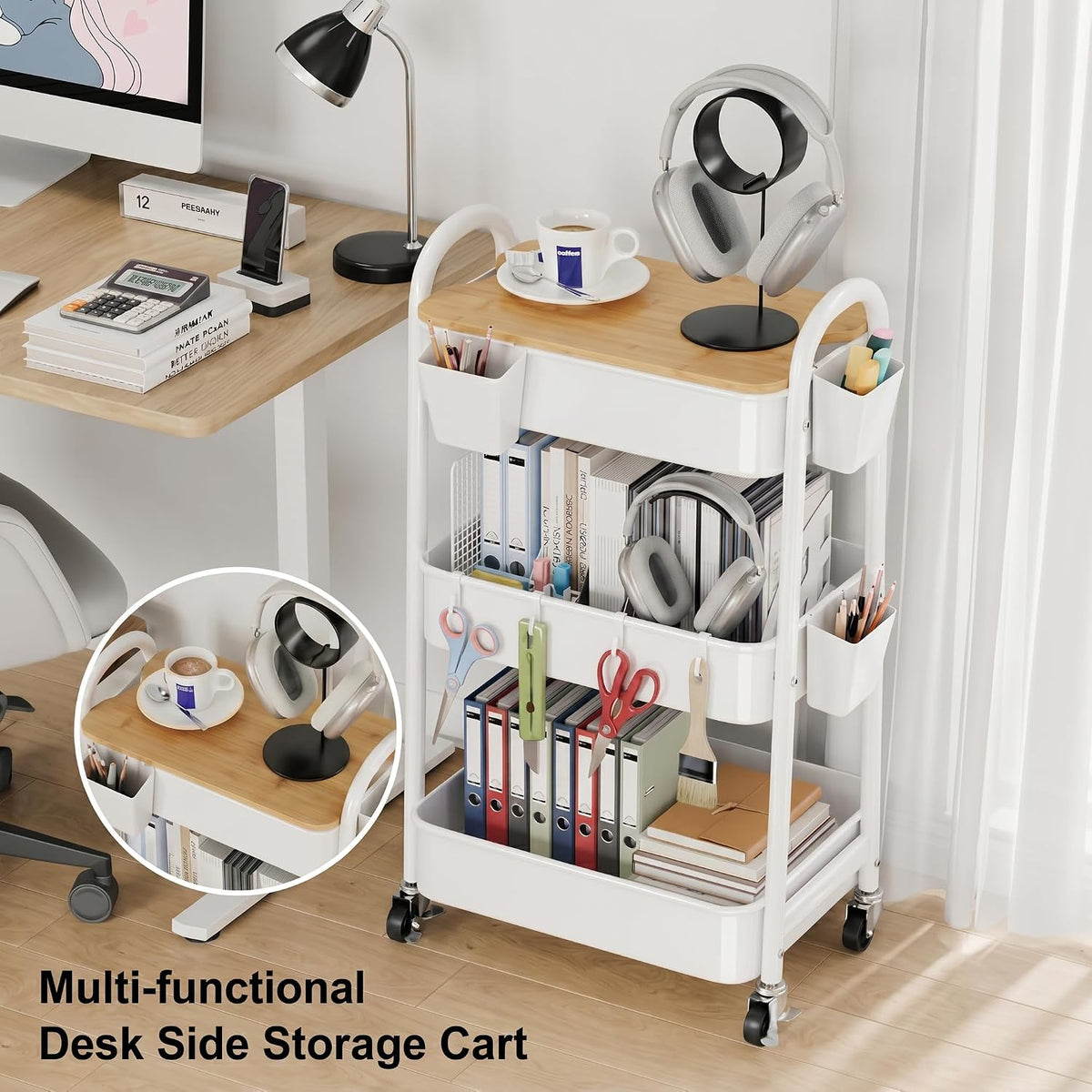 3 Tier White Metal Heavy Duty Rolling Cart with Wheels and Wooden Table Top