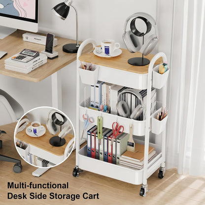 3 Tier White Metal Heavy Duty Rolling Cart with Wheels and Wooden Table Top