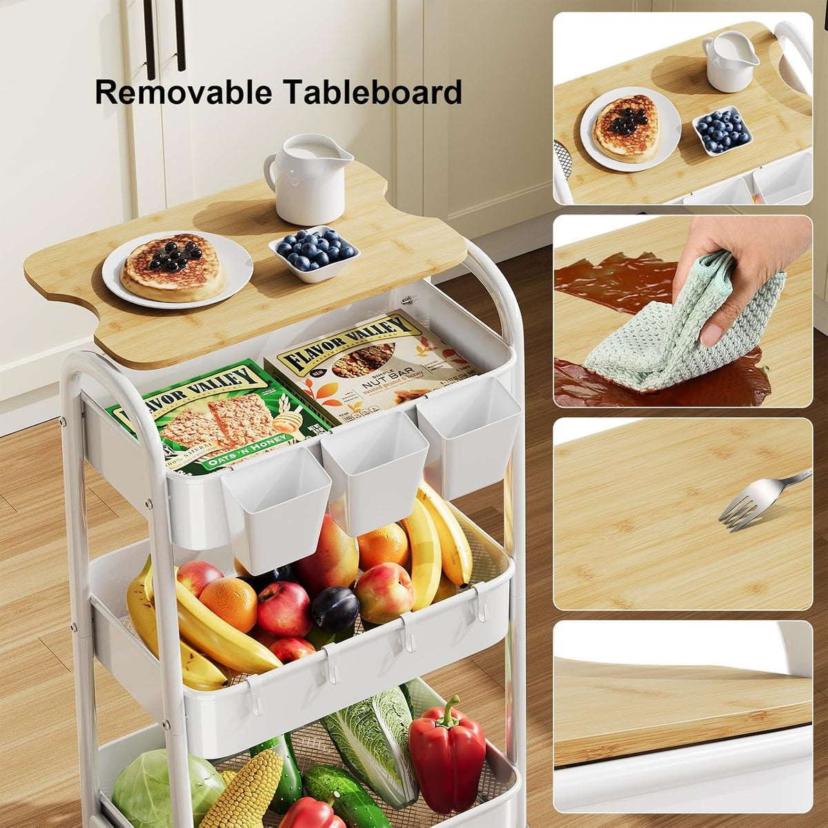 3 Tier White Metal Heavy Duty Rolling Cart with Wheels and Wooden Table Top