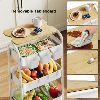 3 Tier White Metal Heavy Duty Rolling Cart with Wheels and Wooden Table Top