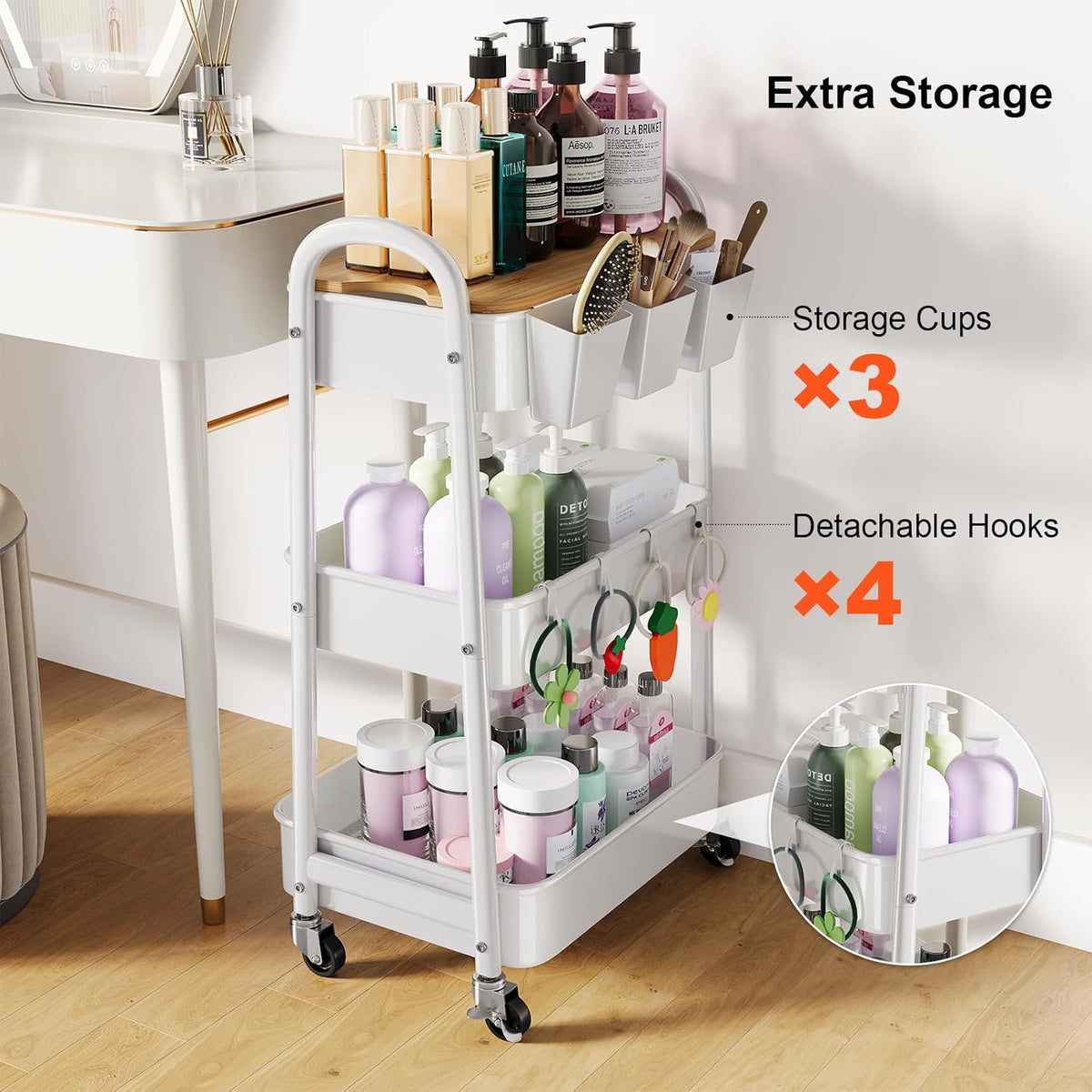 3 Tier White Metal Heavy Duty Rolling Cart with Wheels and Wooden Table Top