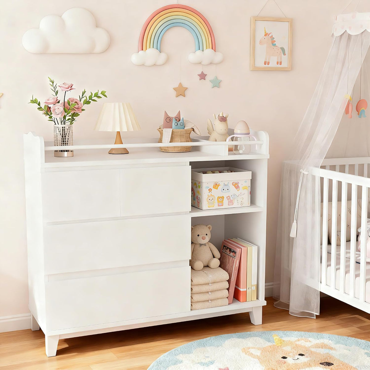 Baby Changing Table Top, Multi-Functional Nursery Changing Table, 4 Drawers with 2 Open Shelves, Bedroom, White