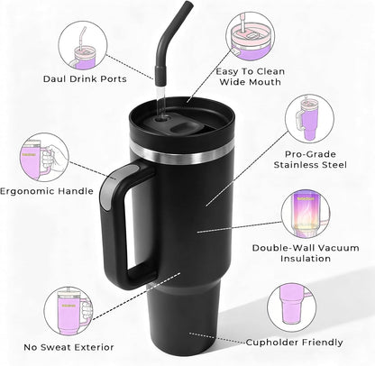 40 oz Tumbler with Handle and Straw - Insulated Stainless Steel Travel Mug, Cup Holder Friendly Water Bottle Extra Large Double Wall Coffee Thermos,Dishwasher Safe,BPA Free(Purple)