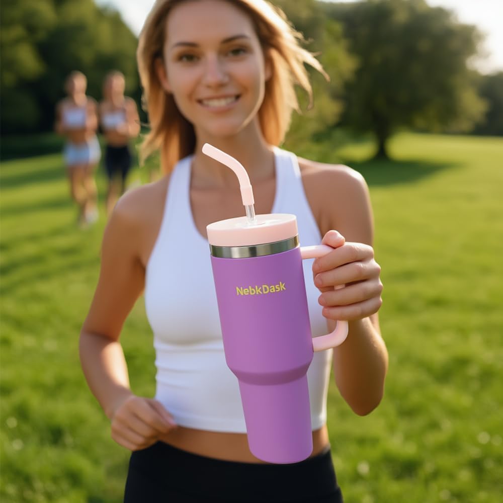 40 oz Tumbler with Handle and Straw - Insulated Stainless Steel Travel Mug, Cup Holder Friendly Water Bottle Extra Large Double Wall Coffee Thermos,Dishwasher Safe,BPA Free(Purple)