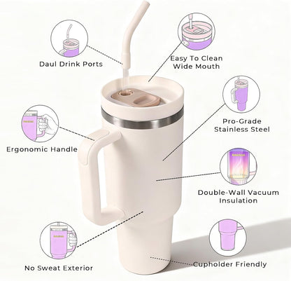 40 oz Tumbler with Handle and Straw - Insulated Stainless Steel Travel Mug, Cup Holder Friendly Water Bottle Extra Large Double Wall Coffee Thermos,Dishwasher Safe,BPA Free(Purple)