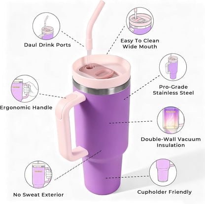 40 oz Tumbler with Handle and Straw - Insulated Stainless Steel Travel Mug, Cup Holder Friendly Water Bottle Extra Large Double Wall Coffee Thermos,Dishwasher Safe,BPA Free(Purple)