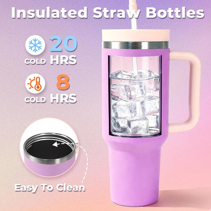40 oz Tumbler with Handle and Straw - Insulated Stainless Steel Travel Mug, Cup Holder Friendly Water Bottle Extra Large Double Wall Coffee Thermos,Dishwasher Safe,BPA Free(Purple)