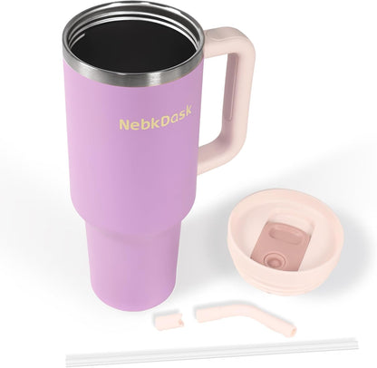 40 oz Tumbler with Handle and Straw - Insulated Stainless Steel Travel Mug, Cup Holder Friendly Water Bottle Extra Large Double Wall Coffee Thermos,Dishwasher Safe,BPA Free(Purple)