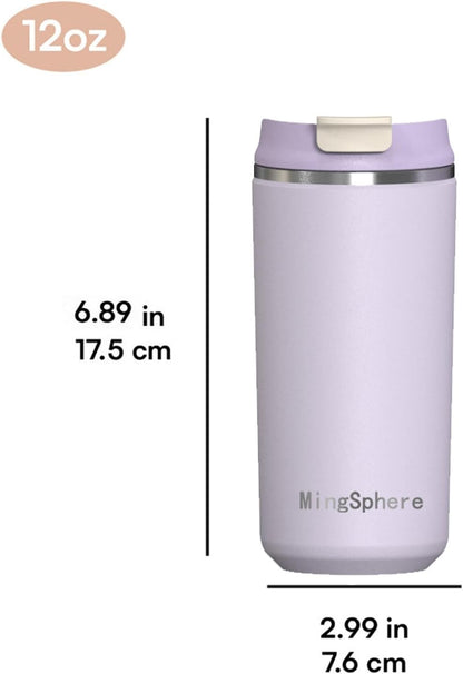 12oz Insulated Stainless Steel Coffee Cup, Lavender Purple | Travel Coffee Mug Leak Resistant Lid Wide Mouth Keeps Drinks Hot or Cold, Easy Cleaning