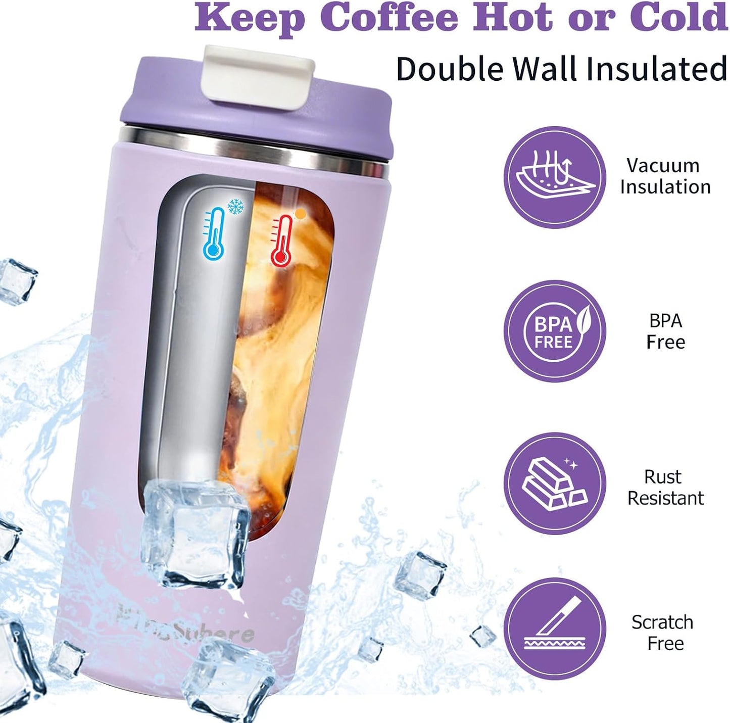 12oz Insulated Stainless Steel Coffee Cup, Lavender Purple | Travel Coffee Mug Leak Resistant Lid Wide Mouth Keeps Drinks Hot or Cold, Easy Cleaning
