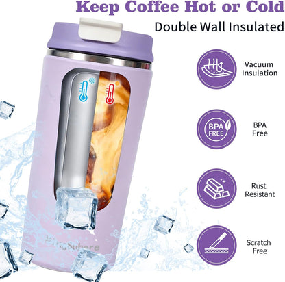 12oz Insulated Stainless Steel Coffee Cup, Lavender Purple | Travel Coffee Mug Leak Resistant Lid Wide Mouth Keeps Drinks Hot or Cold, Easy Cleaning