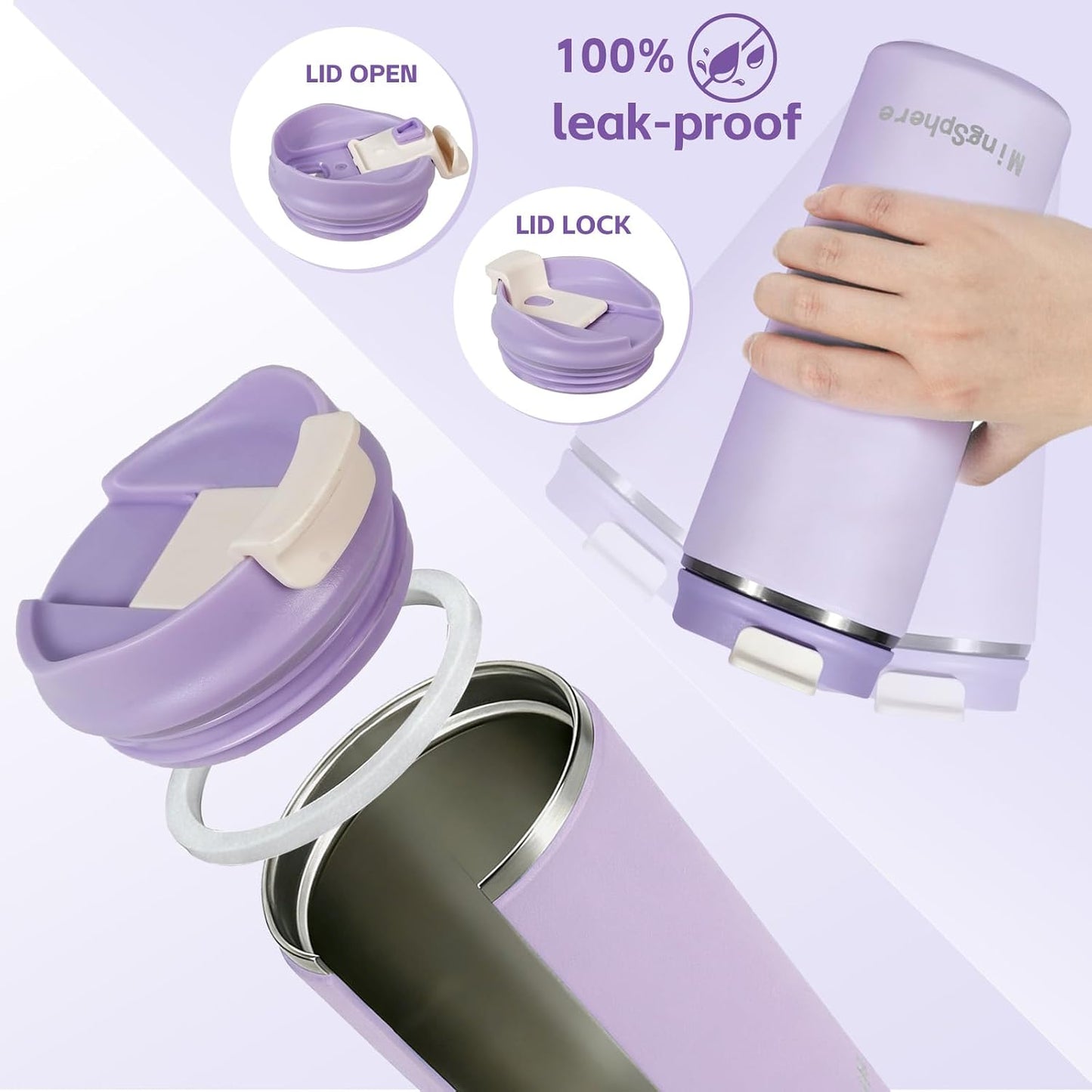 12oz Insulated Stainless Steel Coffee Cup, Lavender Purple | Travel Coffee Mug Leak Resistant Lid Wide Mouth Keeps Drinks Hot or Cold, Easy Cleaning
