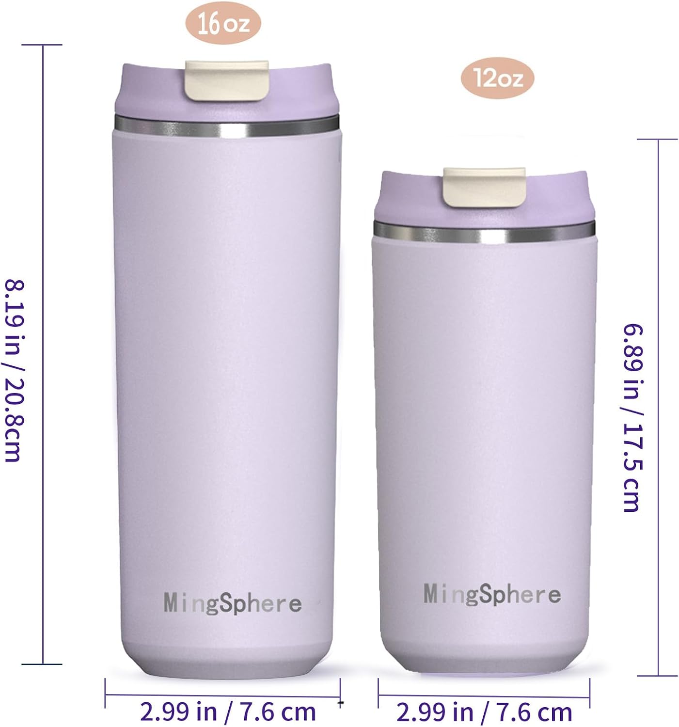 12oz Insulated Stainless Steel Coffee Cup, Lavender Purple | Travel Coffee Mug Leak Resistant Lid Wide Mouth Keeps Drinks Hot or Cold, Easy Cleaning