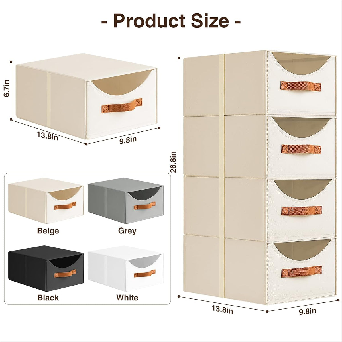 Stackable Storage Drawers - Collapsible Storage Bins with Drawers, Closet Shelf Organizer Basket, Fabric Pull Out Organizer for Bedroom, Living Room, Dorm, Beige