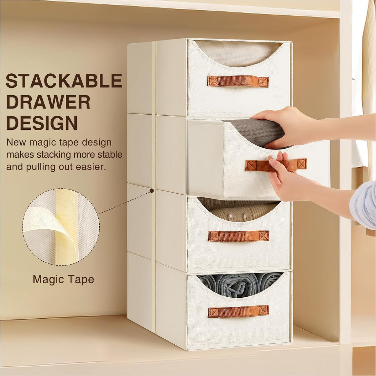 Stackable Storage Drawers - Collapsible Storage Bins with Drawers, Closet Shelf Organizer Basket, Fabric Pull Out Organizer for Bedroom, Living Room, Dorm, Beige