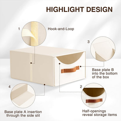 Stackable Storage Drawers - Collapsible Storage Bins with Drawers, Closet Shelf Organizer Basket, Fabric Pull Out Organizer for Bedroom, Living Room, Dorm, Beige