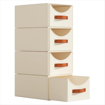 Stackable Storage Drawers - Collapsible Storage Bins with Drawers, Closet Shelf Organizer Basket, Fabric Pull Out Organizer for Bedroom, Living Room, Dorm, Beige
