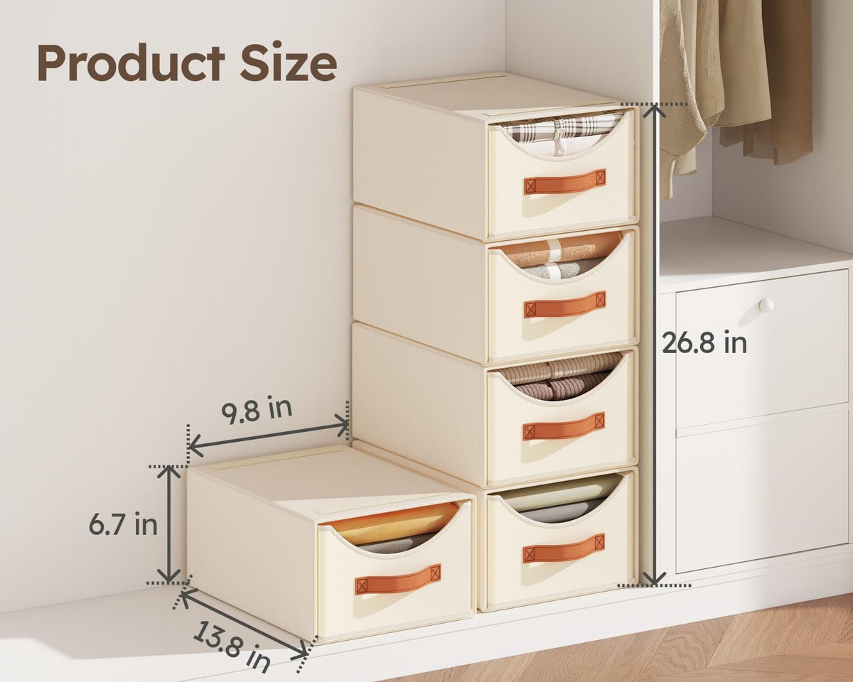 Stackable Storage Drawers - Collapsible Storage Bins with Drawers, Closet Shelf Organizer Basket, Fabric Pull Out Organizer for Bedroom, Living Room, Dorm, Beige