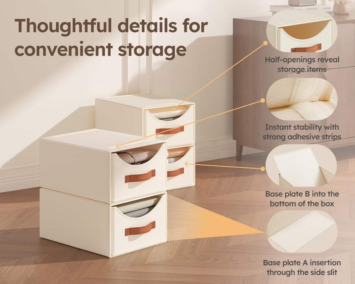 Stackable Storage Drawers - Collapsible Storage Bins with Drawers, Closet Shelf Organizer Basket, Fabric Pull Out Organizer for Bedroom, Living Room, Dorm, Beige