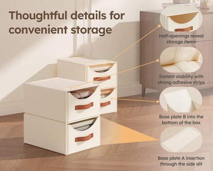 Stackable Storage Drawers - Collapsible Storage Bins with Drawers, Closet Shelf Organizer Basket, Fabric Pull Out Organizer for Bedroom, Living Room, Dorm, Beige
