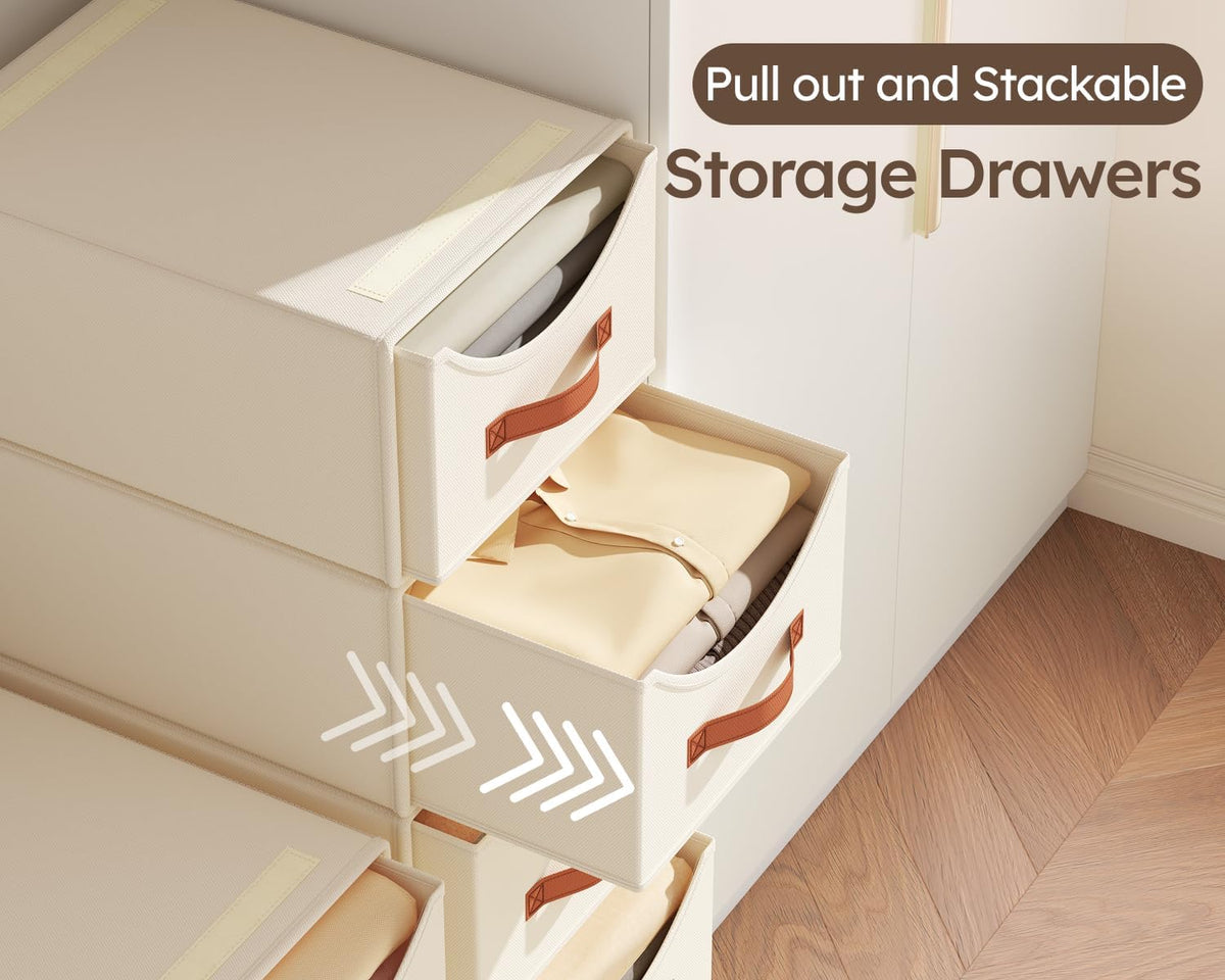 Stackable Storage Drawers - Collapsible Storage Bins with Drawers, Closet Shelf Organizer Basket, Fabric Pull Out Organizer for Bedroom, Living Room, Dorm, Beige