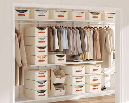 Stackable Storage Drawers - Collapsible Storage Bins with Drawers, Closet Shelf Organizer Basket, Fabric Pull Out Organizer for Bedroom, Living Room, Dorm, Beige