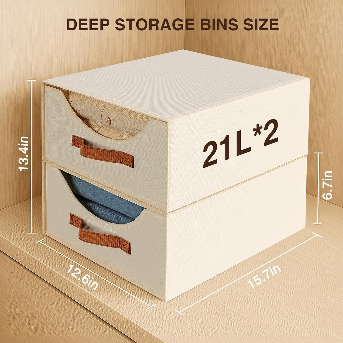 Stackable Storage Drawers - Collapsible Storage Bins with Drawers, Closet Shelf Organizer Basket, Fabric Pull Out Organizer for Bedroom, Living Room, Dorm, Beige