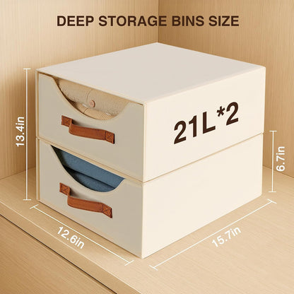 Stackable Storage Drawers - Collapsible Storage Bins with Drawers, Closet Shelf Organizer Basket, Fabric Pull Out Organizer for Bedroom, Living Room, Dorm, Beige