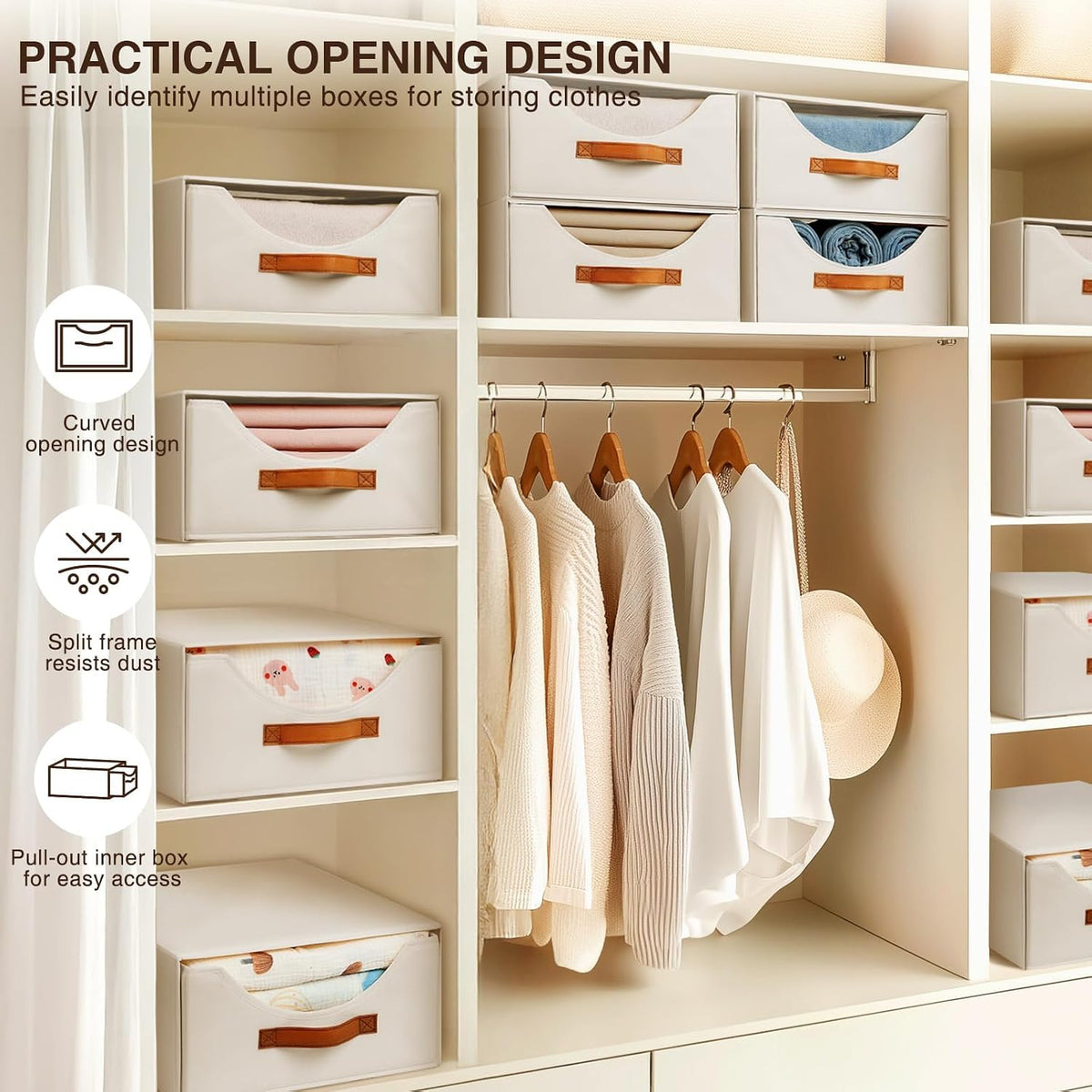 Stackable Storage Drawers - Collapsible Storage Bins with Drawers, Closet Shelf Organizer Basket, Fabric Pull Out Organizer for Bedroom, Living Room, Dorm, Beige