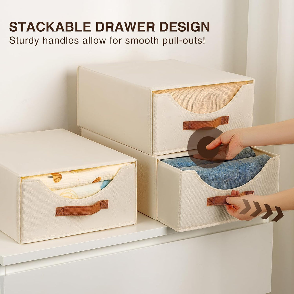 Stackable Storage Drawers - Collapsible Storage Bins with Drawers, Closet Shelf Organizer Basket, Fabric Pull Out Organizer for Bedroom, Living Room, Dorm, Beige
