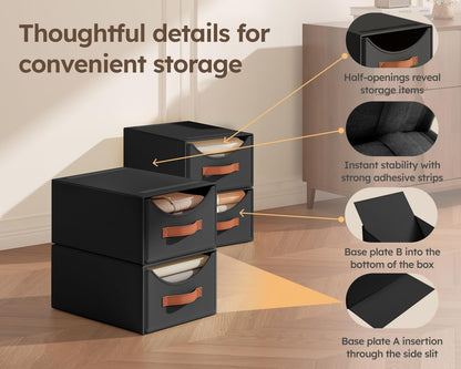 Stackable Storage Drawers - Collapsible Storage Bins with Drawers, Closet Shelf Organizer Basket, Fabric Pull Out Organizer for Bedroom, Living Room, Dorm, Beige