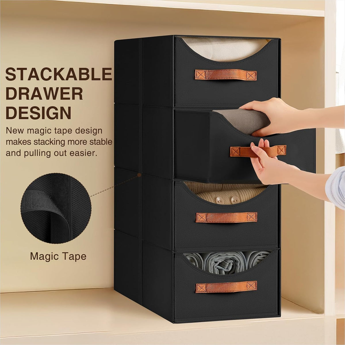 Stackable Storage Drawers - Collapsible Storage Bins with Drawers, Closet Shelf Organizer Basket, Fabric Pull Out Organizer for Bedroom, Living Room, Dorm, Beige