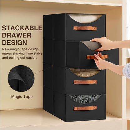 Stackable Storage Drawers - Collapsible Storage Bins with Drawers, Closet Shelf Organizer Basket, Fabric Pull Out Organizer for Bedroom, Living Room, Dorm, Beige
