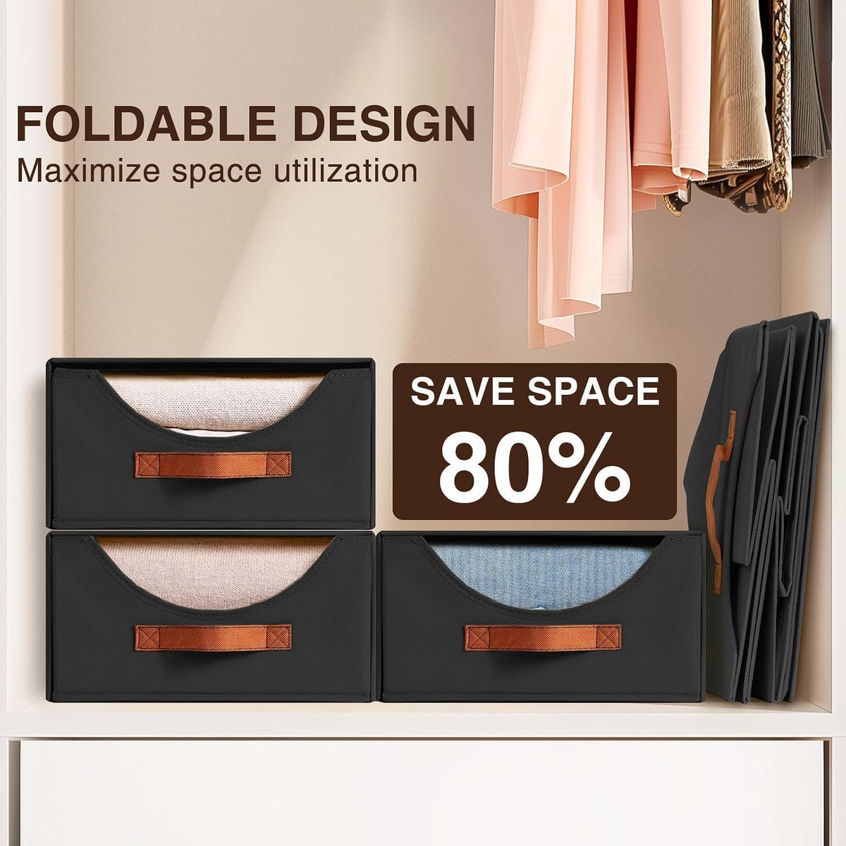 Stackable Storage Drawers - Collapsible Storage Bins with Drawers, Closet Shelf Organizer Basket, Fabric Pull Out Organizer for Bedroom, Living Room, Dorm, Beige