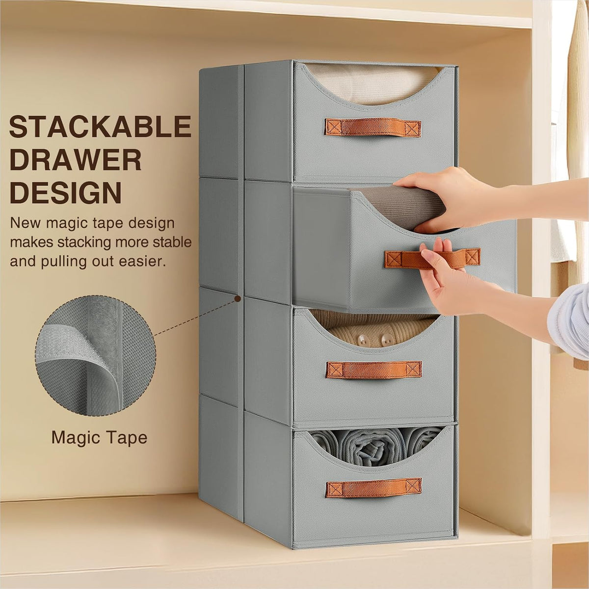 Stackable Storage Drawers - Collapsible Storage Bins with Drawers, Closet Shelf Organizer Basket, Fabric Pull Out Organizer for Bedroom, Living Room, Dorm, Beige