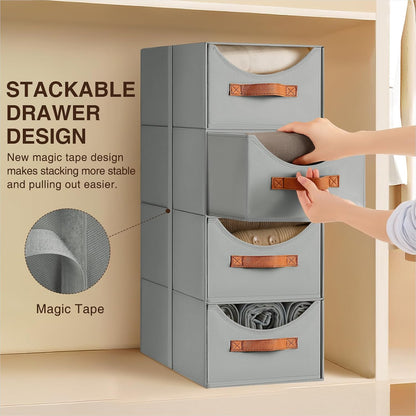 Stackable Storage Drawers - Collapsible Storage Bins with Drawers, Closet Shelf Organizer Basket, Fabric Pull Out Organizer for Bedroom, Living Room, Dorm, Beige
