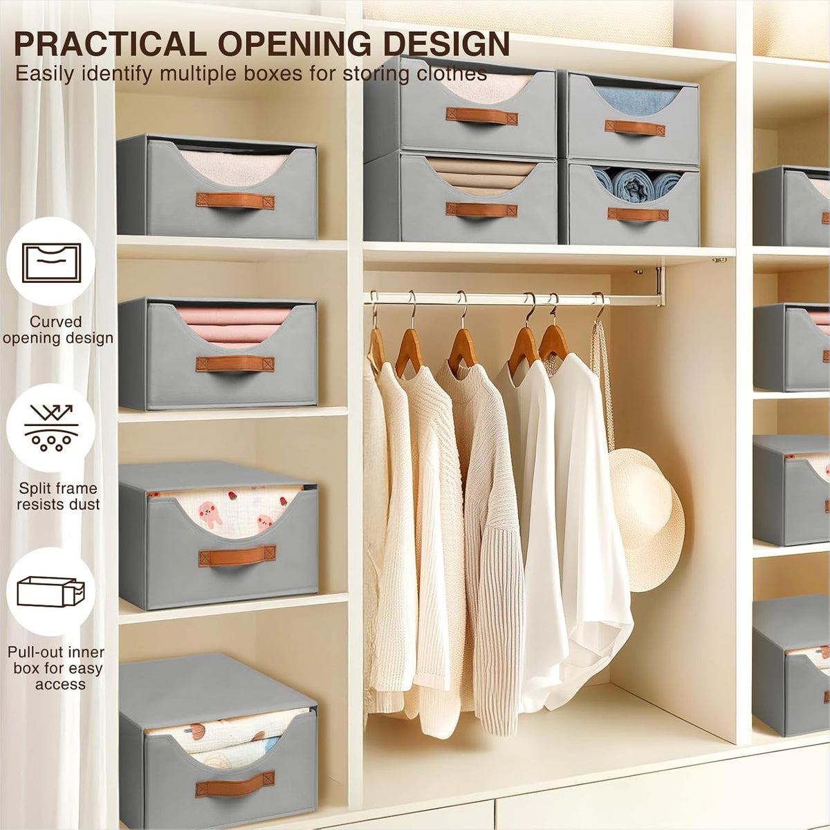 Stackable Storage Drawers - Collapsible Storage Bins with Drawers, Closet Shelf Organizer Basket, Fabric Pull Out Organizer for Bedroom, Living Room, Dorm, Beige