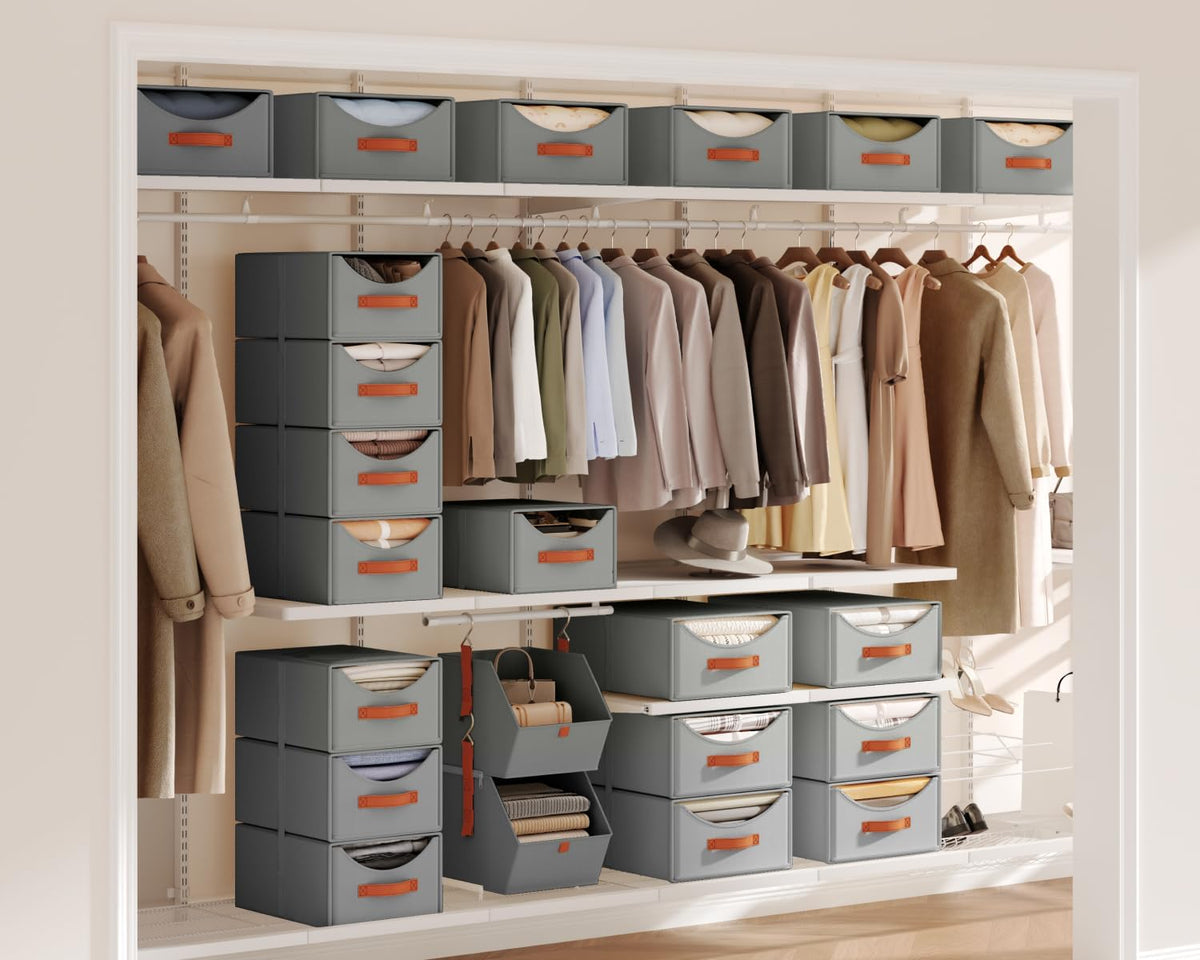 Stackable Storage Drawers - Collapsible Storage Bins with Drawers, Closet Shelf Organizer Basket, Fabric Pull Out Organizer for Bedroom, Living Room, Dorm, Beige